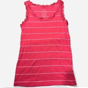 Hot Pink and white striped tank top with lace trim size medium. Like new!